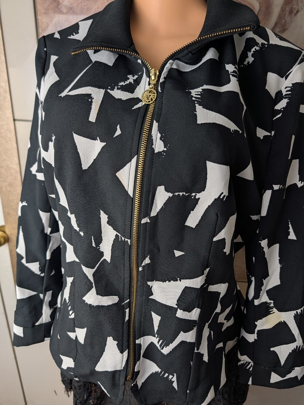 Anne Klein black and white abstract print zip-up jacket Size L - Picture 2 of 9
